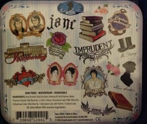 The back of a tin of 22 Jane Austen temporary tattoos