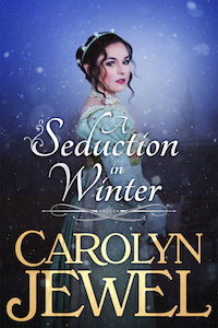 Cover of A Seduction in Winter. It's mostly blue and the lady is wearing a beautiful dress.