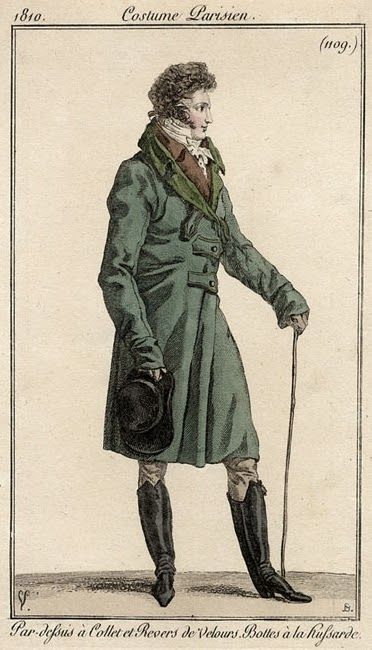 Regency Gentleman in a sexy coat, boots, has walking stick. Seem from profile.